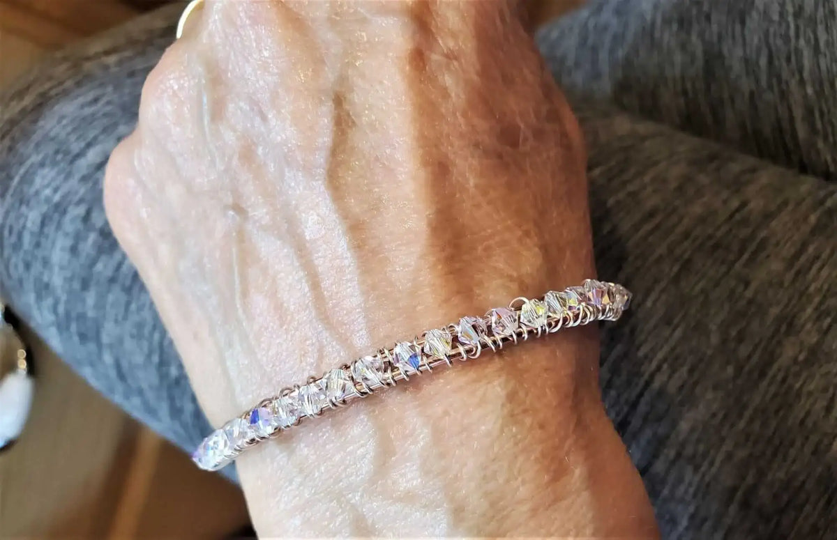 Handmade Two Metal  Embossed Wire Wrapped Crystal Bangle