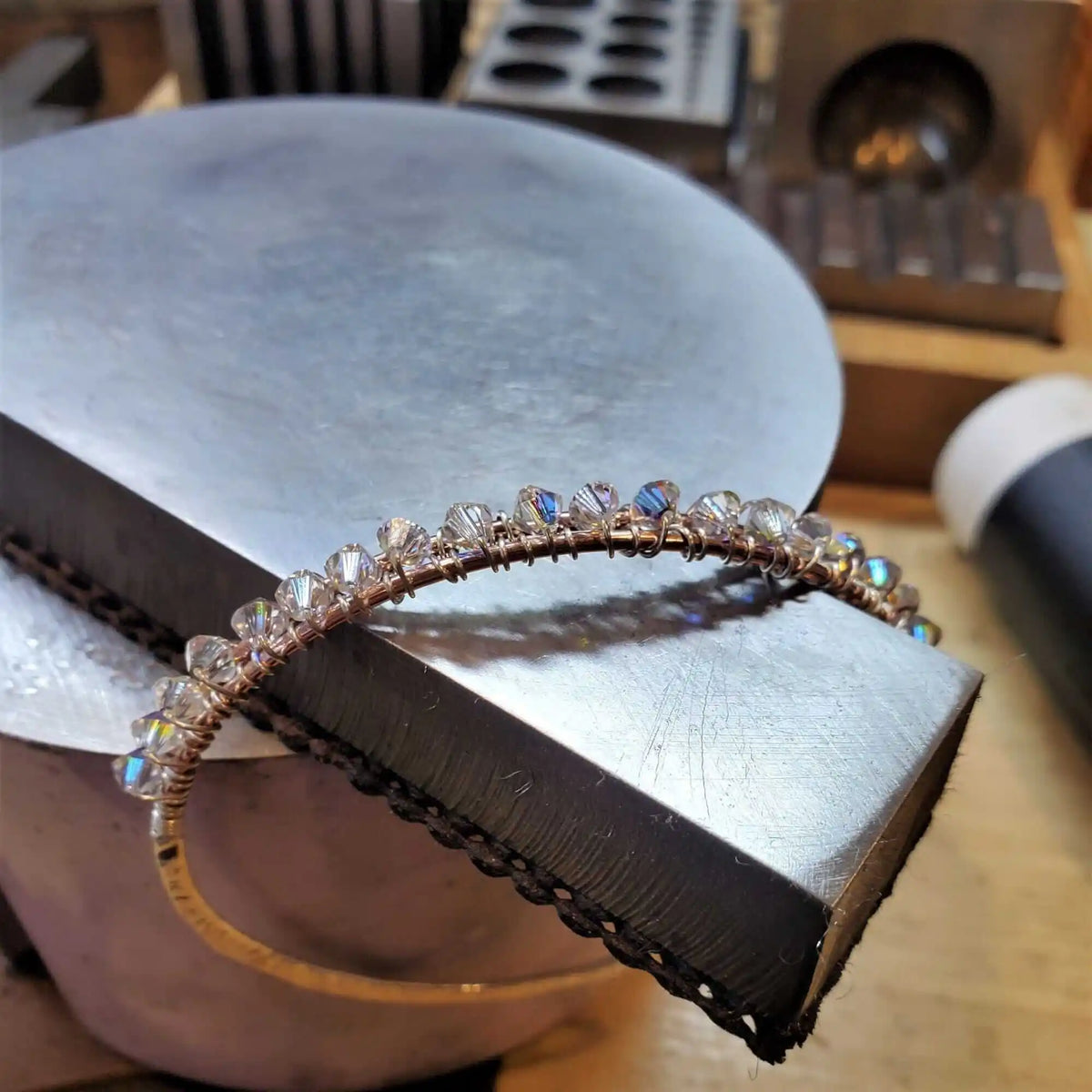 Handmade Two Metal  Embossed Wire Wrapped Crystal Bangle
