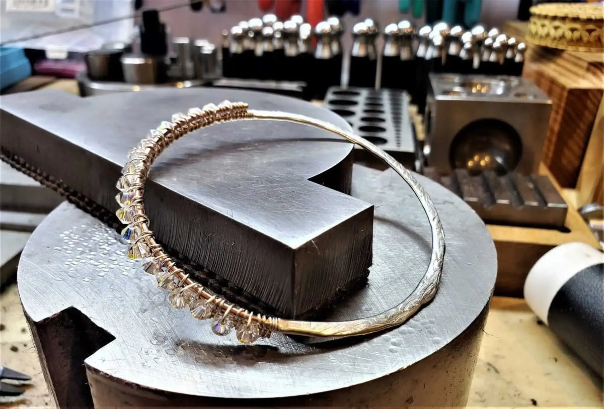 Handmade Two Metal  Embossed Wire Wrapped Crystal Bangle