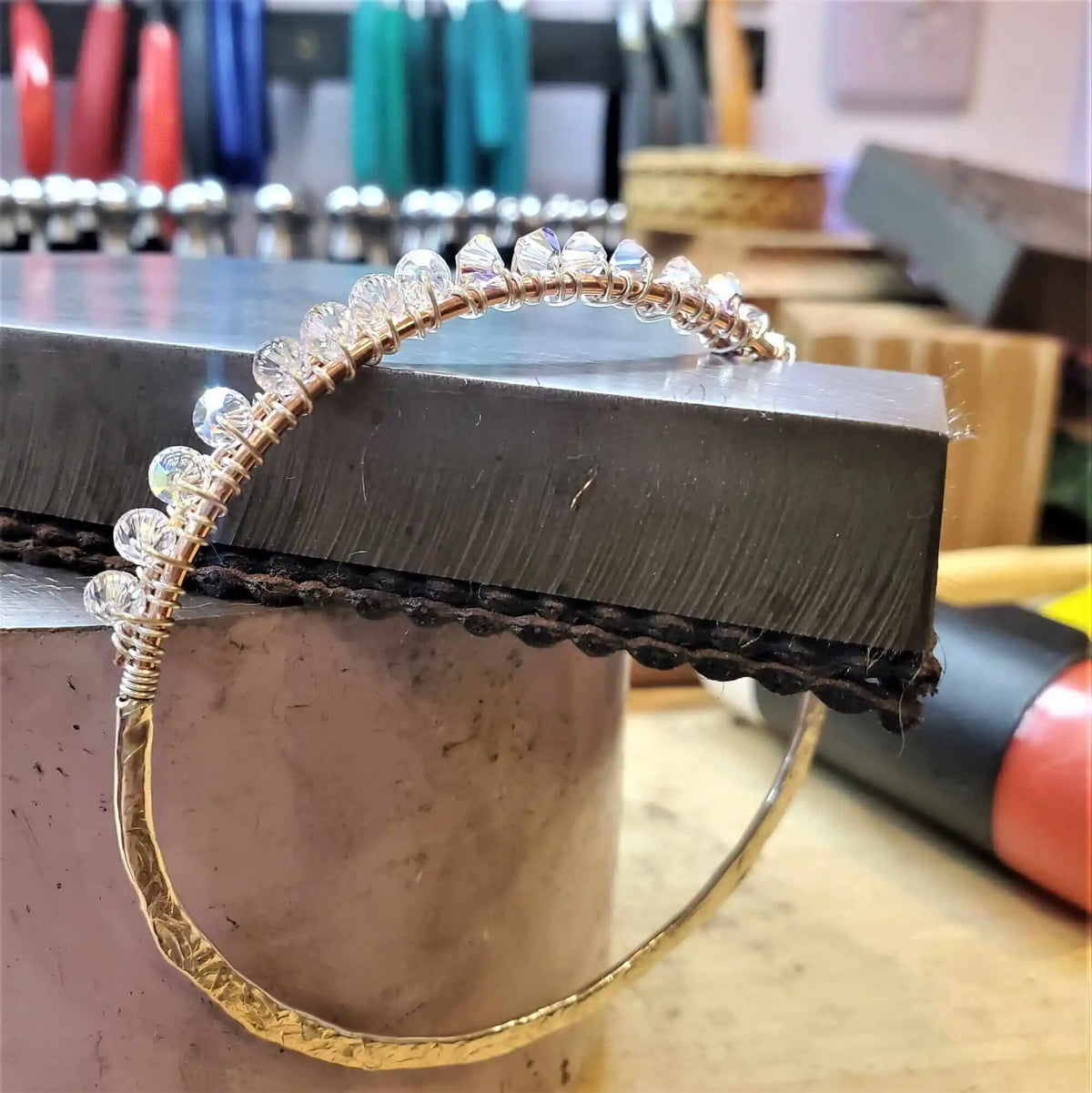 Handmade Two Metal  Embossed Wire Wrapped Crystal Bangle