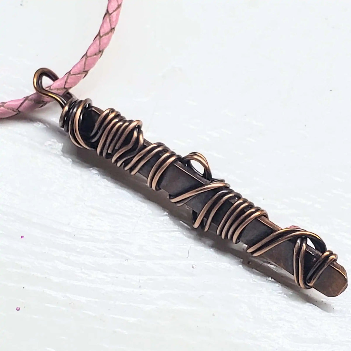 Handmade Wire Sculpted Ribbon Pink Crystal Copper Bar Pendant Necklace