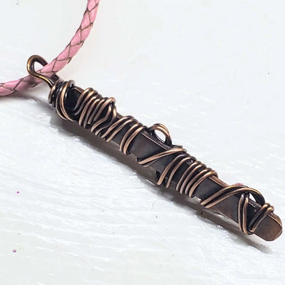 Handmade Wire Sculpted Ribbon Pink Crystal Copper Bar Pendant Necklace