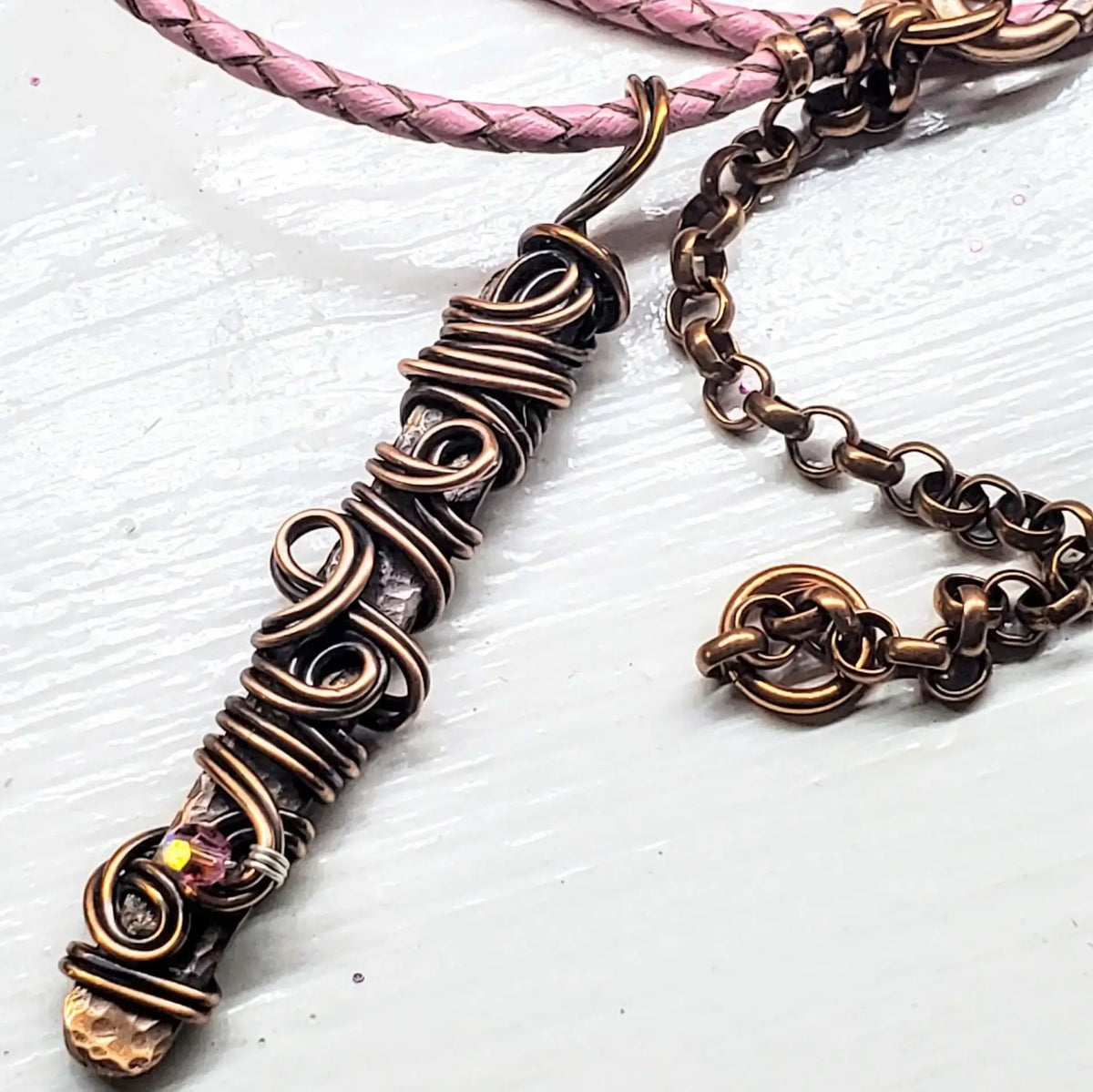 Handmade Wire Sculpted Ribbon Pink Crystal Copper Bar Pendant Necklace