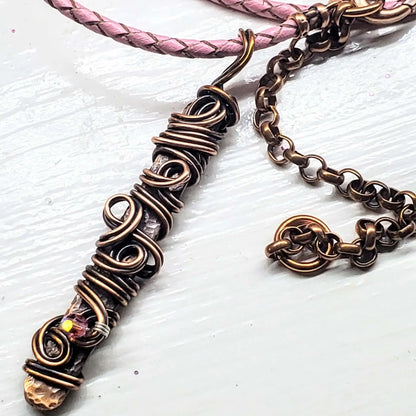 Handmade Wire Sculpted Ribbon Pink Crystal Copper Bar Pendant Necklace