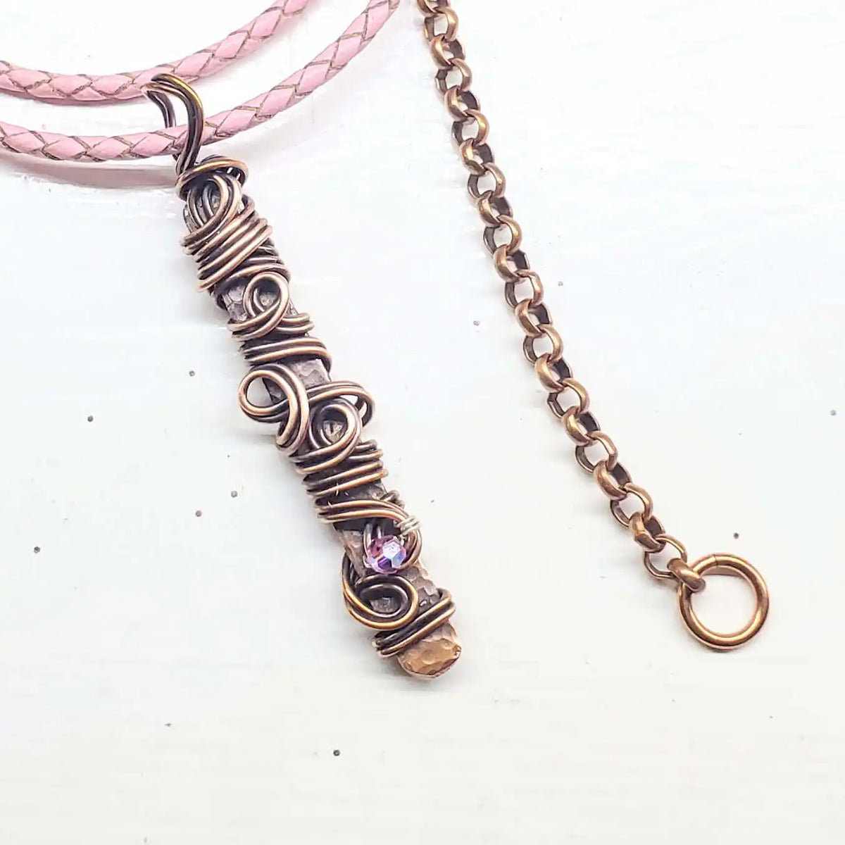 Handmade Wire Sculpted Ribbon Pink Crystal Copper Bar Pendant Necklace
