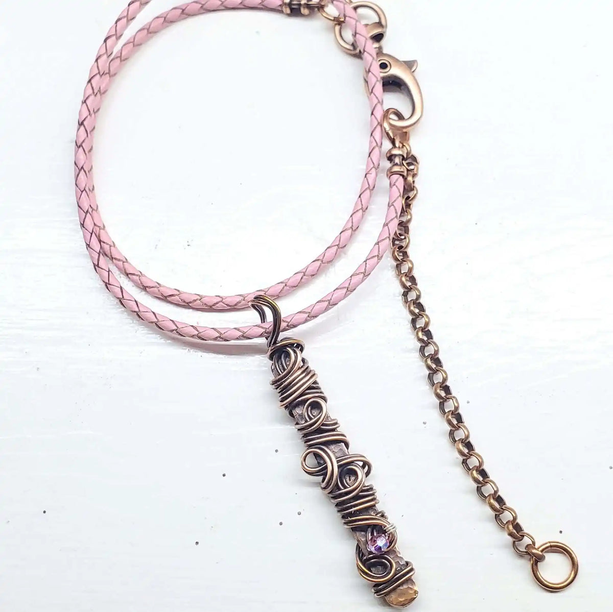 Handmade Wire Sculpted Ribbon Pink Crystal Copper Bar Pendant Necklace