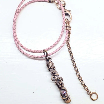 Handmade Wire Sculpted Ribbon Pink Crystal Copper Bar Pendant Necklace