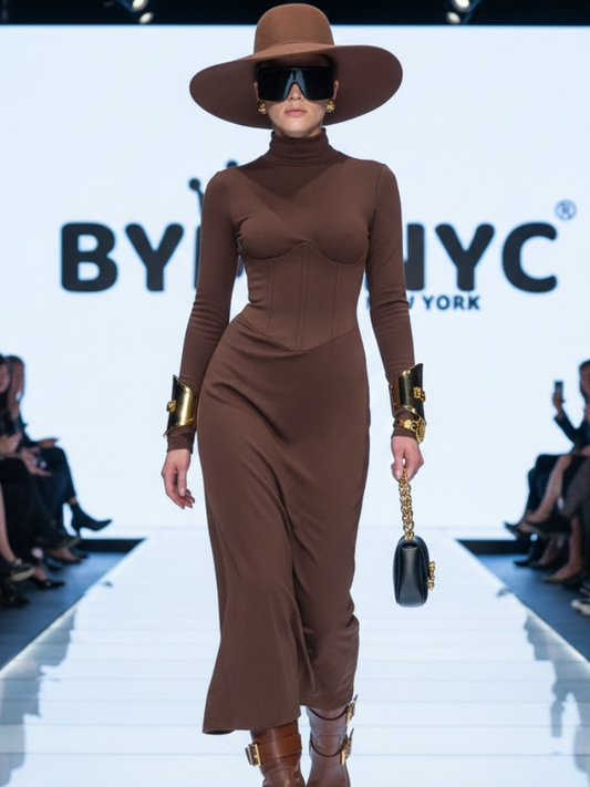 High Neck Waist-Cinched Slit Dress for Women, Elegant, Fifth Avenue, BYMANYC New York.