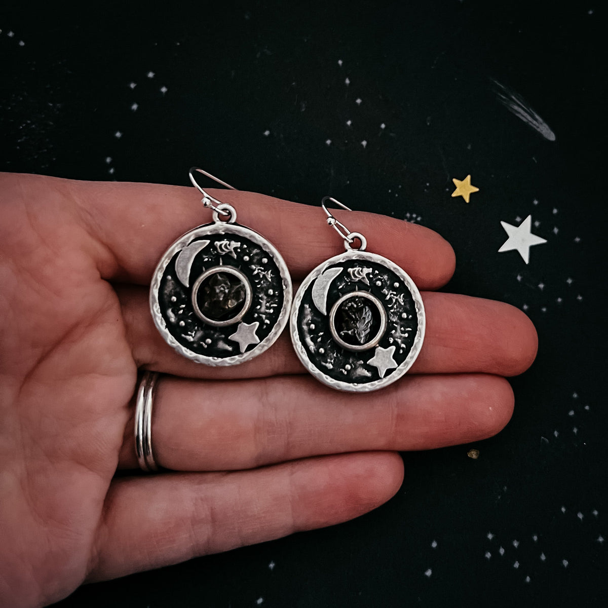 Night Sky Dangle Earrings With Raw Meteorite