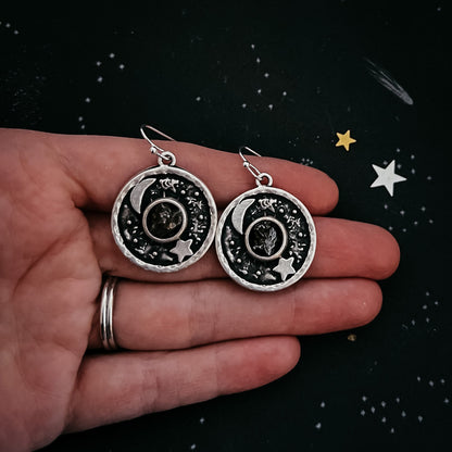 Night Sky Dangle Earrings With Raw Meteorite