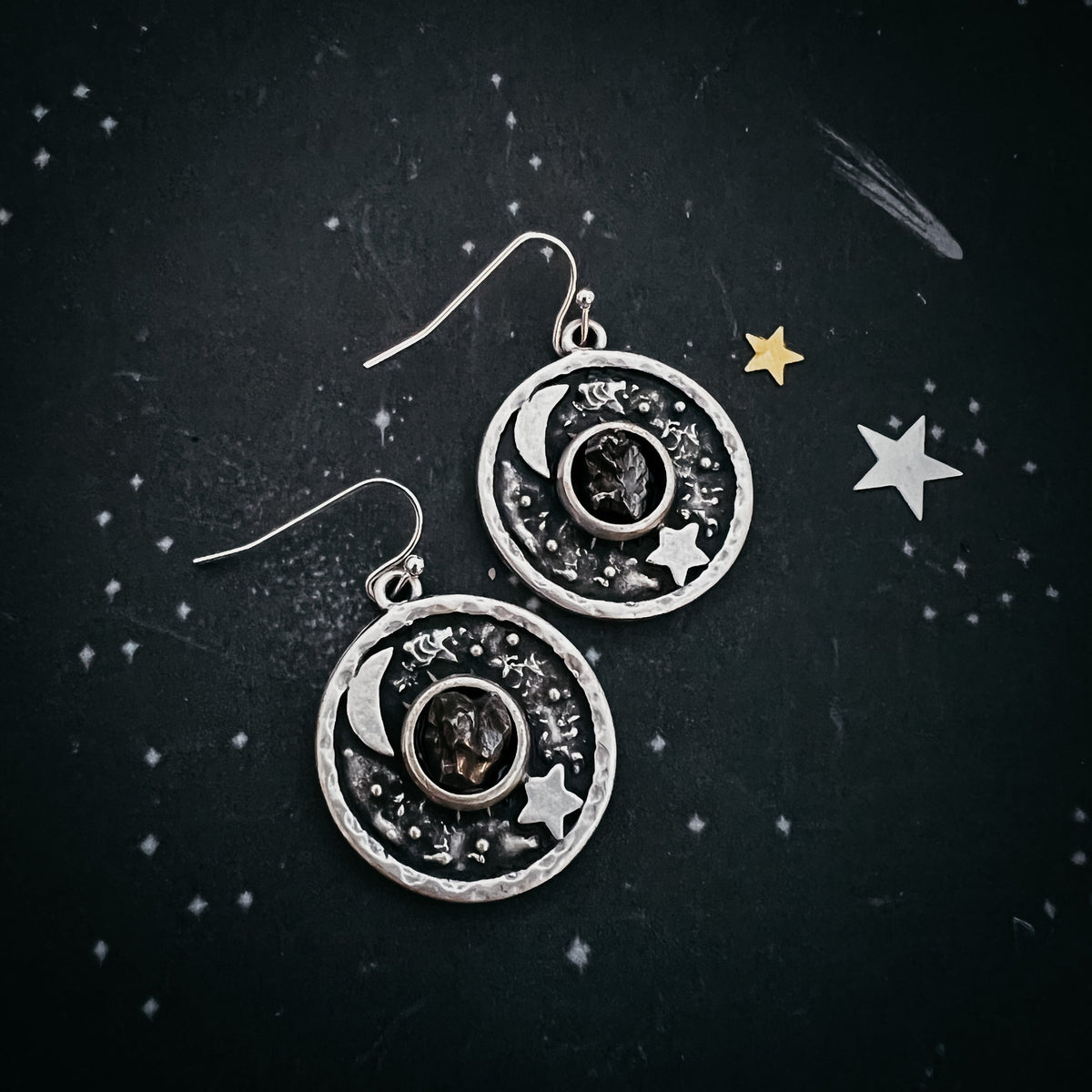 Night Sky Dangle Earrings With Raw Meteorite