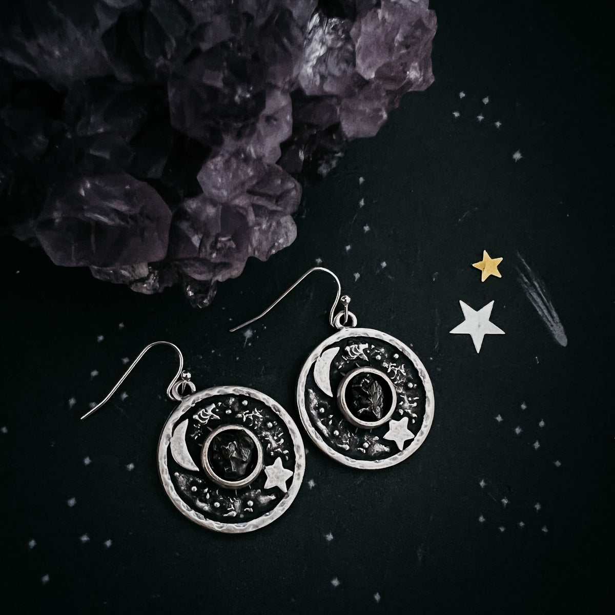 Night Sky Dangle Earrings With Raw Meteorite