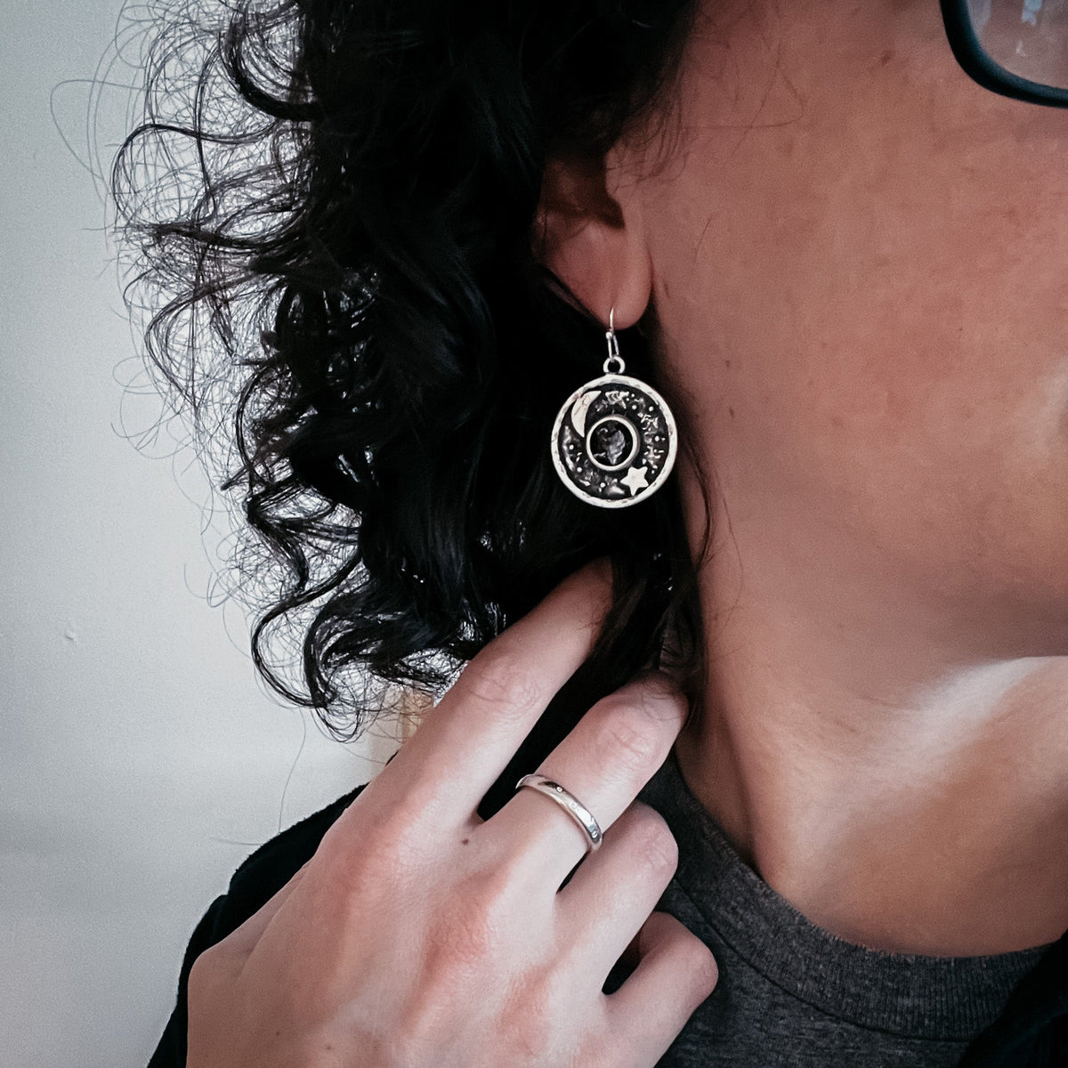 Night Sky Dangle Earrings With Raw Meteorite