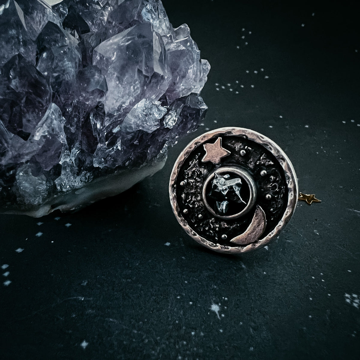 Night Sky Ring With Raw Meteorite