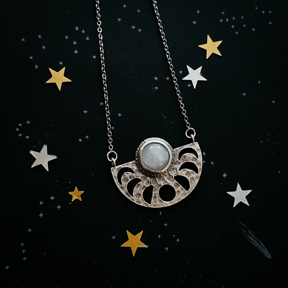 Moon Goddess Necklace - Moon Phases Rainbow Moonstone Pendant
