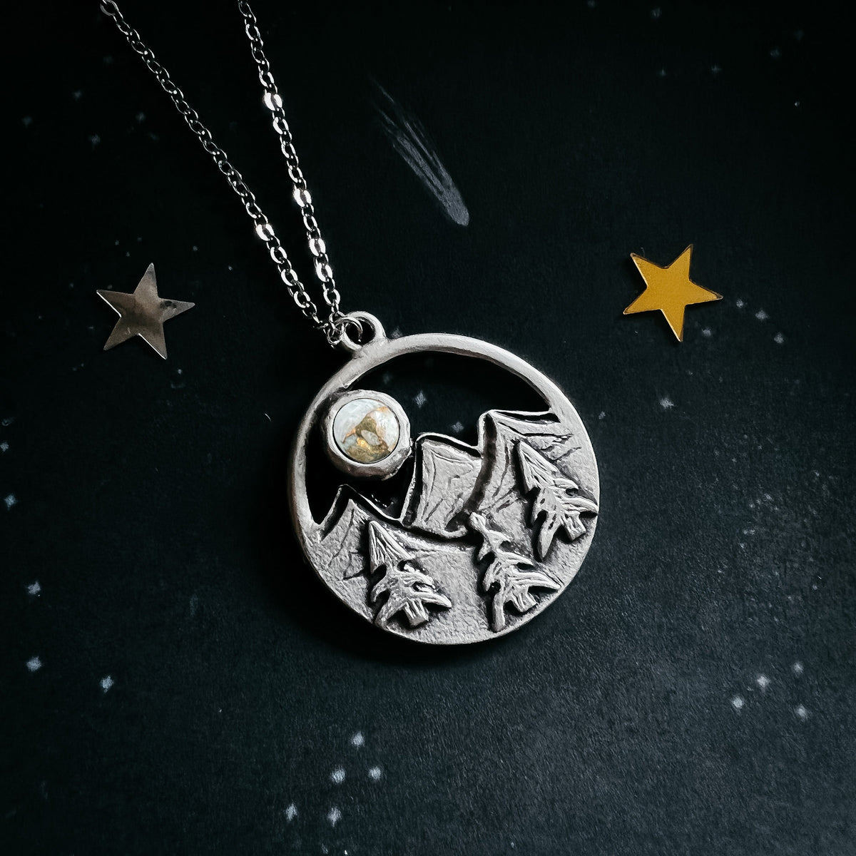 CLEARANCE Circle Mountain Landscape Necklace With Copper Calcite Moon