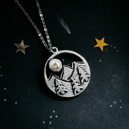 CLEARANCE Circle Mountain Landscape Necklace With Copper Calcite Moon