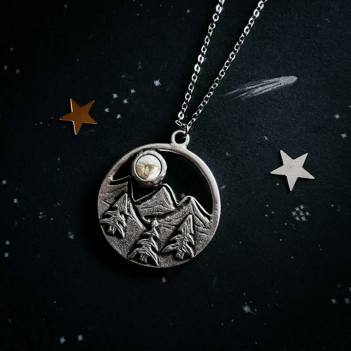 CLEARANCE Circle Mountain Landscape Necklace With Copper Calcite Moon