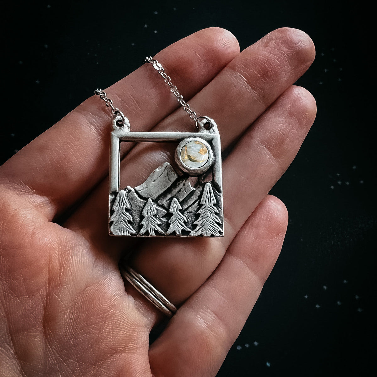 CLEARANCE Square Mountain Landscape Necklace With Copper Calcite Moon