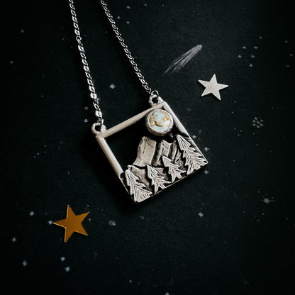 CLEARANCE Square Mountain Landscape Necklace With Copper Calcite Moon