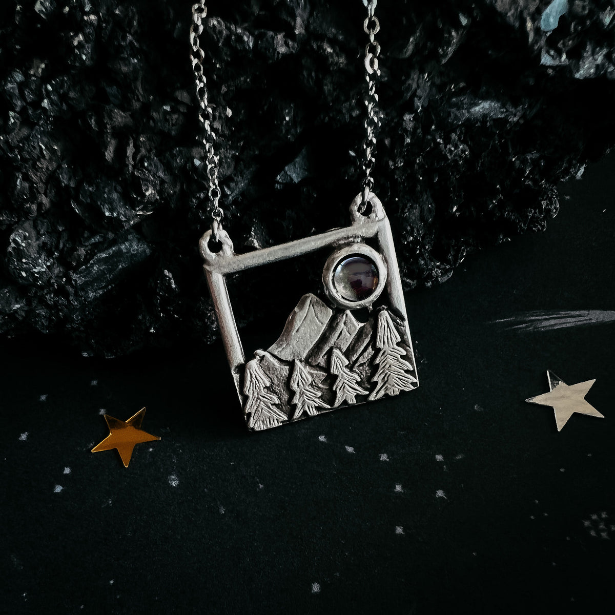 CLEARANCE My Moon Rises Over Landscape - Mountains and Trees Square Pendant