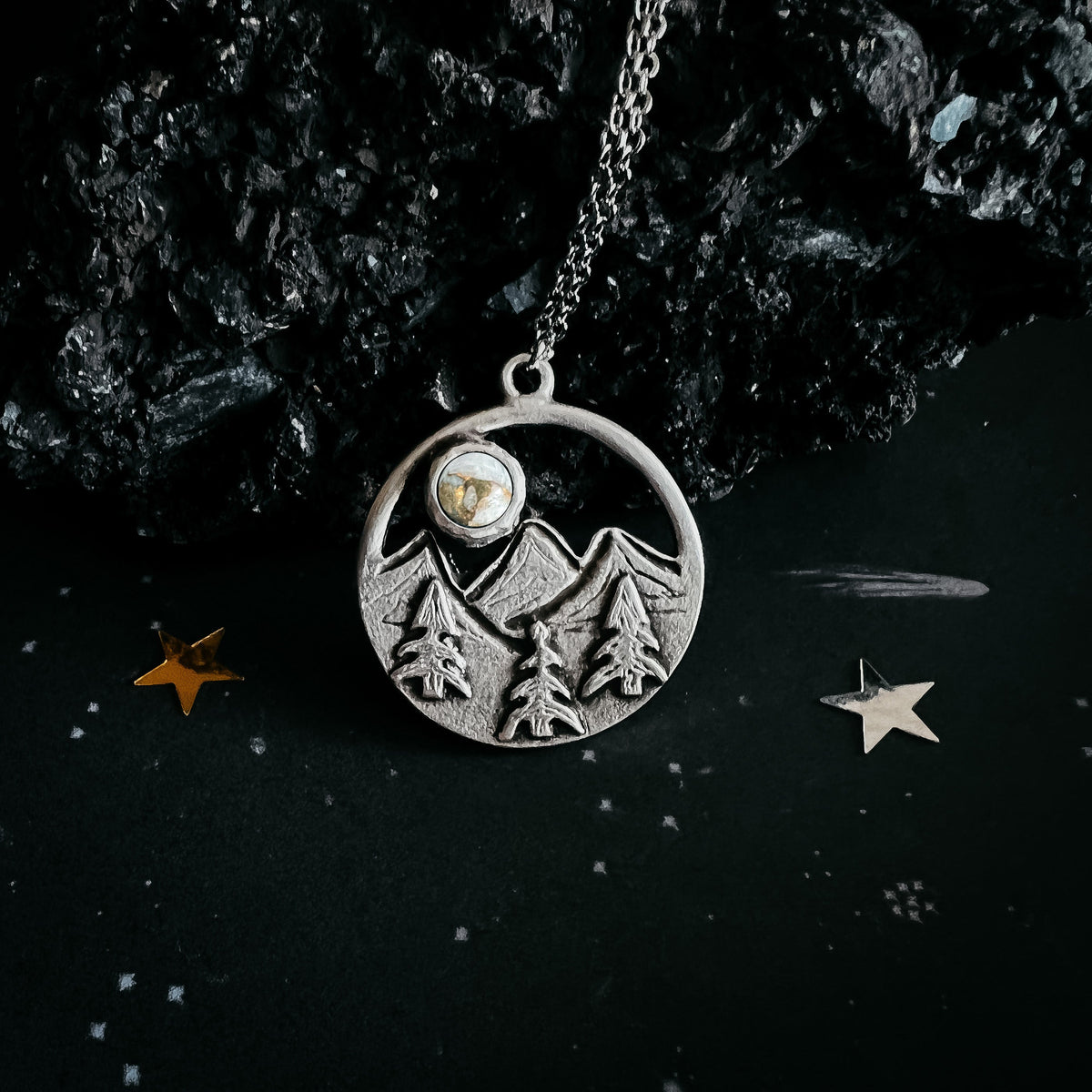 CLEARANCE Circle Mountain Landscape Necklace With Copper Calcite Moon