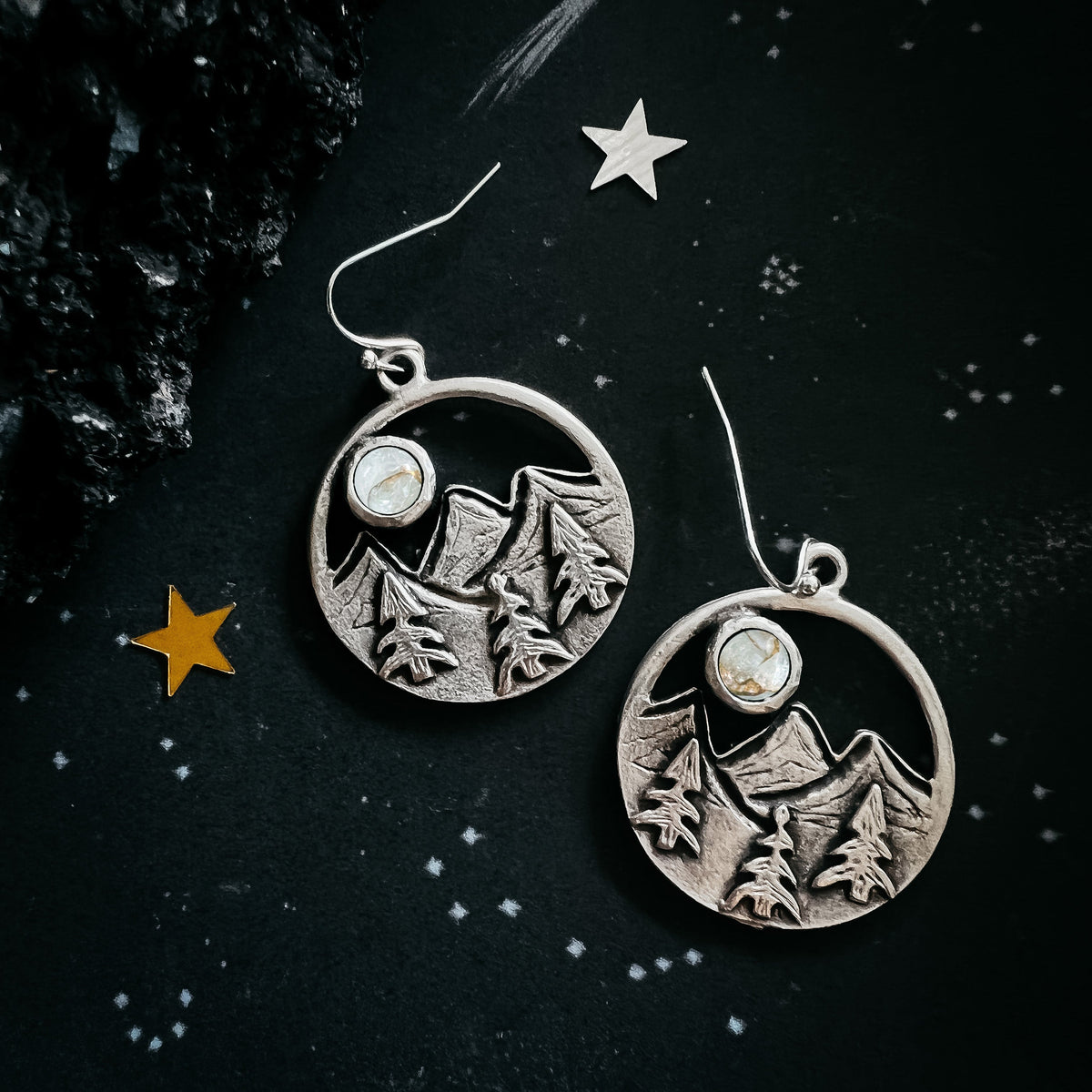 CLEARANCE Circle Dangle Landscape Earrings With Mountains and Trees and Copper Calcite Moon