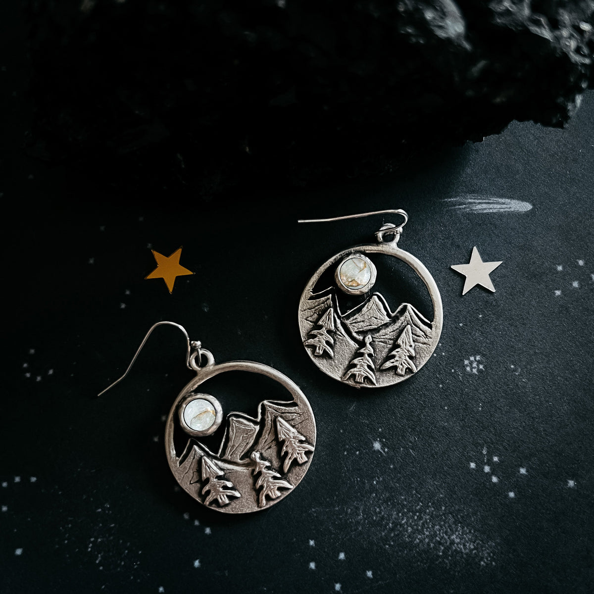 CLEARANCE Circle Dangle Landscape Earrings With Mountains and Trees and Copper Calcite Moon