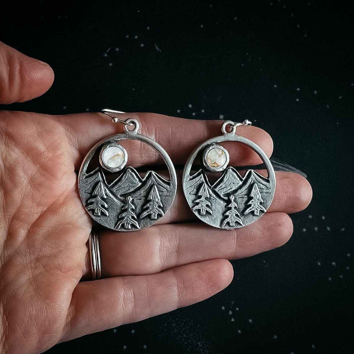 CLEARANCE Circle Dangle Landscape Earrings With Mountains and Trees and Copper Calcite Moon