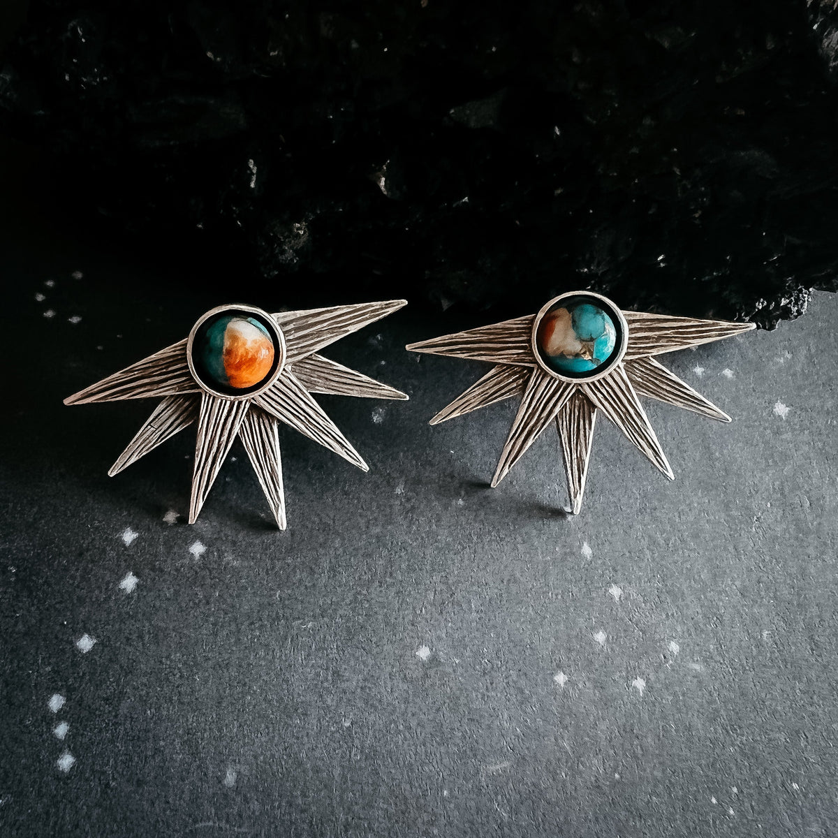 Sun Goddess Earrings With Copper Oyster Turquoise