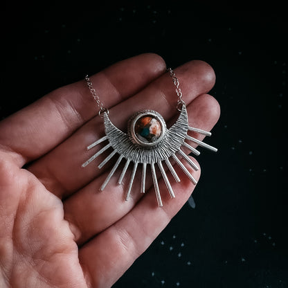 Sun Goddess Necklace - Sun Pendant With Copper Oyster Turquoise