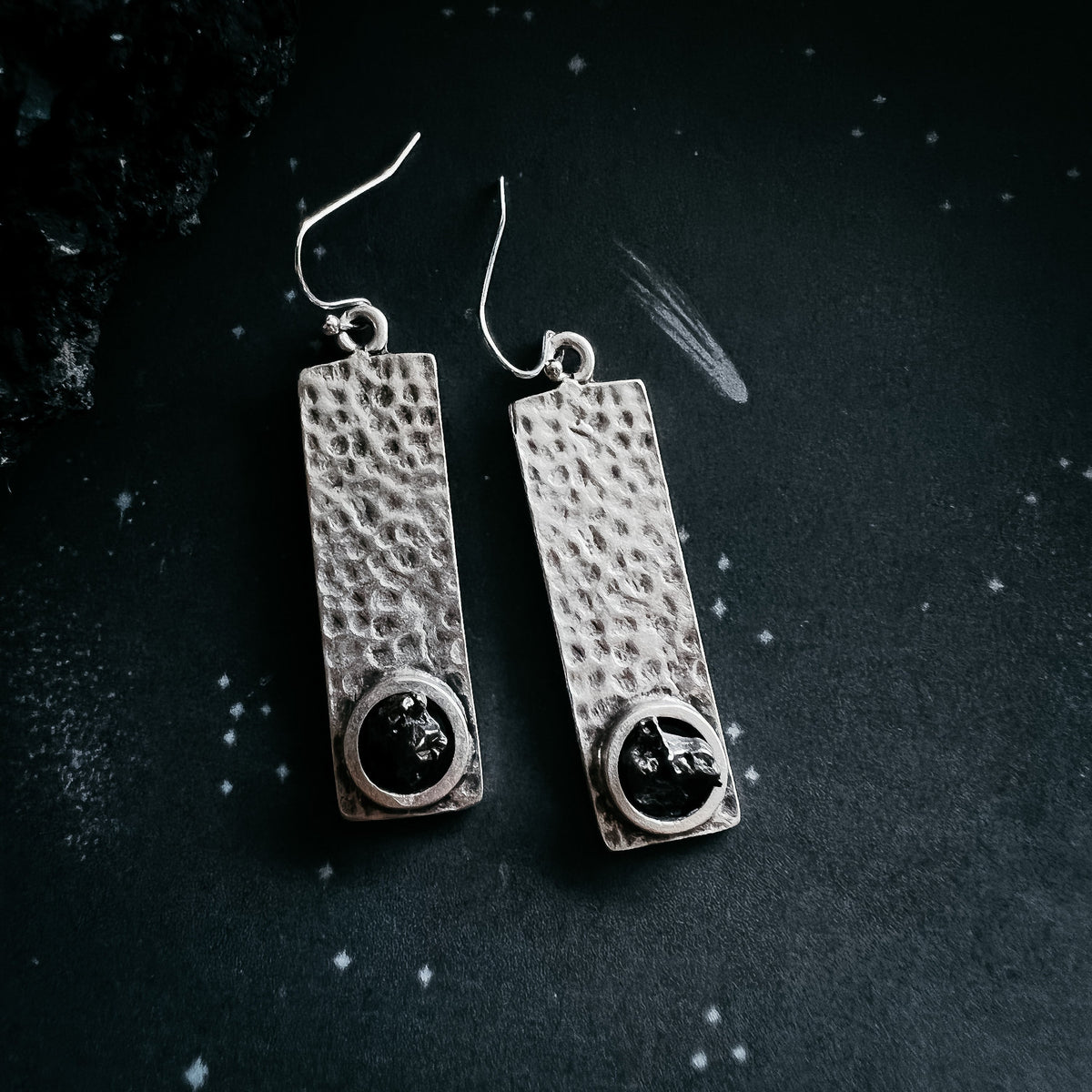 CLEARANCE Hammered Silver Rectangle Earrings With Raw Meteorite