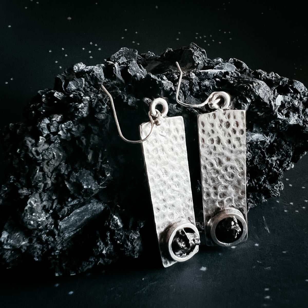 CLEARANCE Hammered Silver Rectangle Earrings With Raw Meteorite