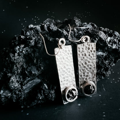 CLEARANCE Hammered Silver Rectangle Earrings With Raw Meteorite
