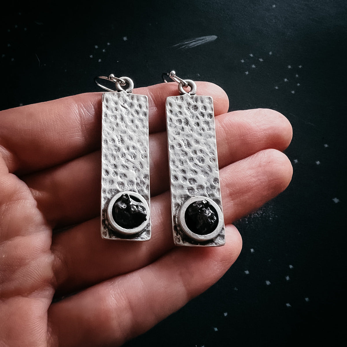 CLEARANCE Hammered Silver Rectangle Earrings With Raw Meteorite