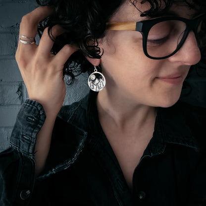 CLEARANCE Circle Dangle Landscape Earrings With Mountains and Trees and Copper Calcite Moon