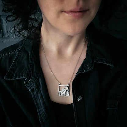 CLEARANCE Square Mountain Landscape Necklace With Copper Calcite Moon