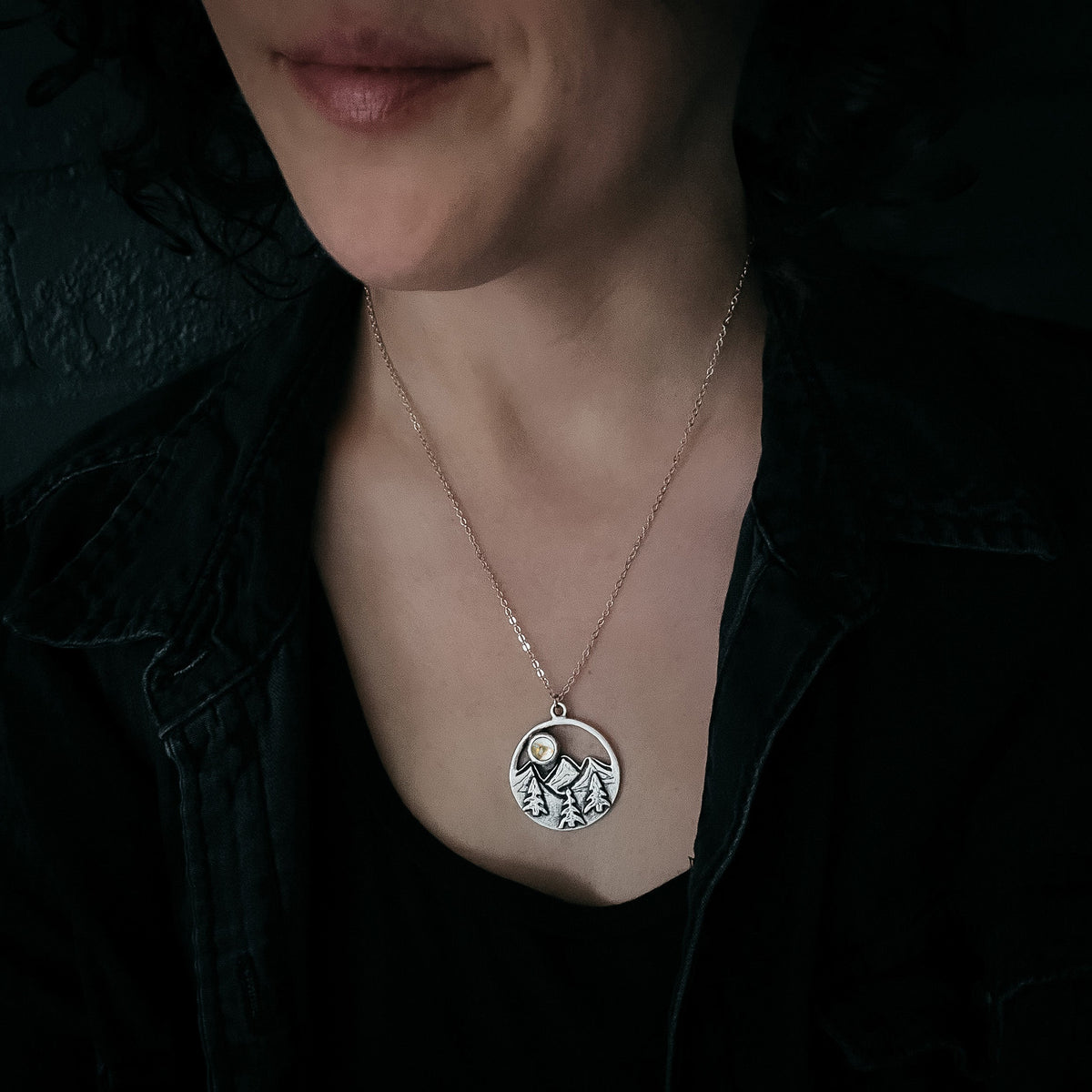 CLEARANCE Circle Mountain Landscape Necklace With Copper Calcite Moon