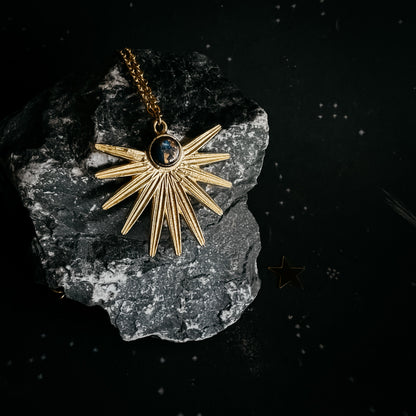 Dark Before the Dawn Sunburst Pendant Necklace With Copper Lapis Lazuli