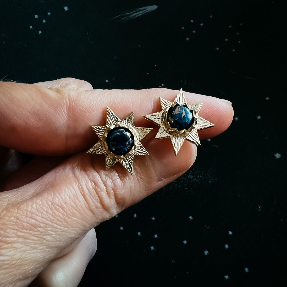 Dark Before the Dawn Sunburst Stud Earrings With Copper Lapis Lazuli