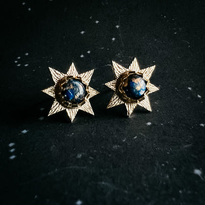 Dark Before the Dawn Sunburst Stud Earrings With Copper Lapis Lazuli