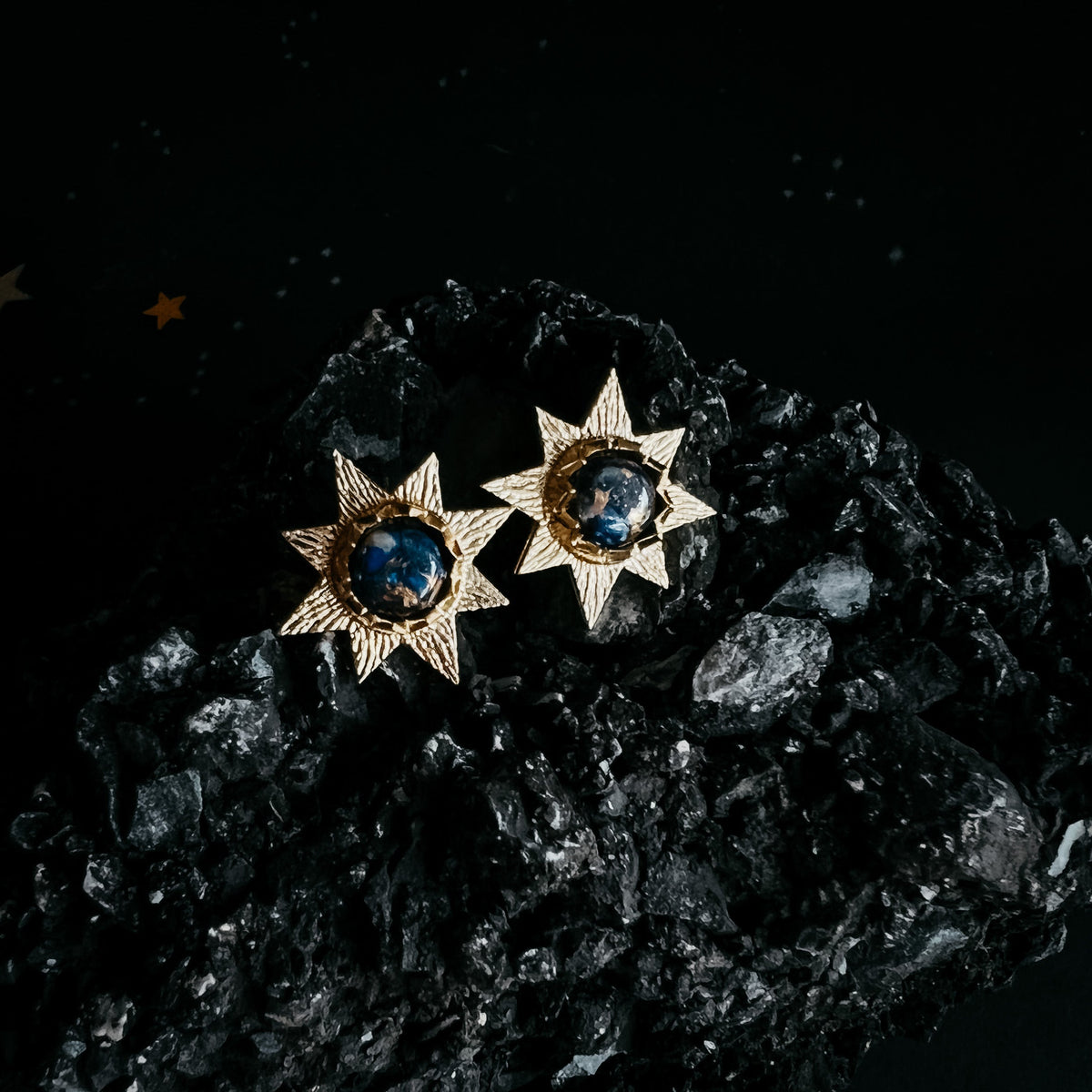 Dark Before the Dawn Sunburst Stud Earrings With Copper Lapis Lazuli