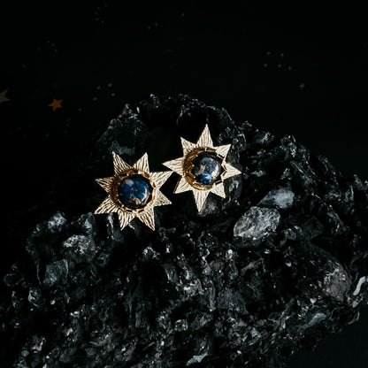 Dark Before the Dawn Sunburst Stud Earrings With Copper Lapis Lazuli