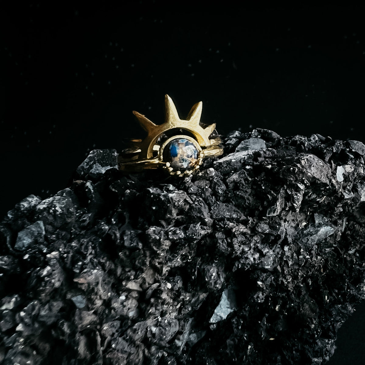 Dark Before the Dawn Sunburst Ring With Copper Lapis Lazuli