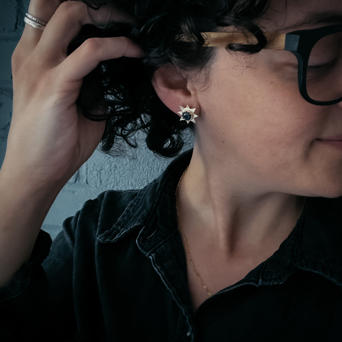 Dark Before the Dawn Sunburst Stud Earrings With Copper Lapis Lazuli