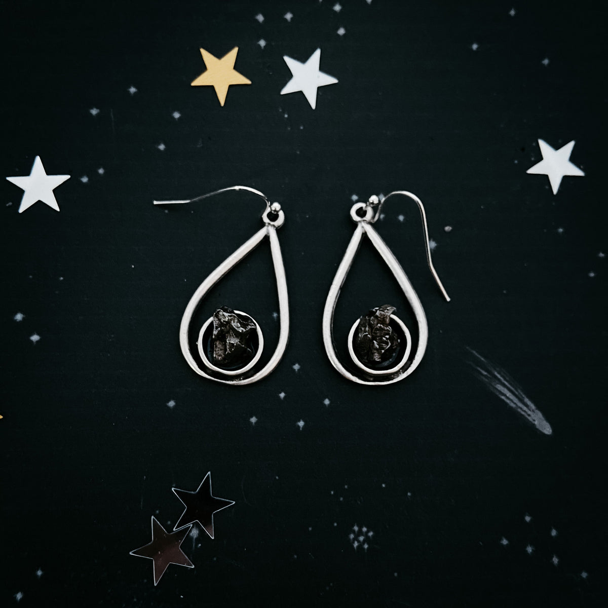 Teardrop Earrings With Raw Meteorite