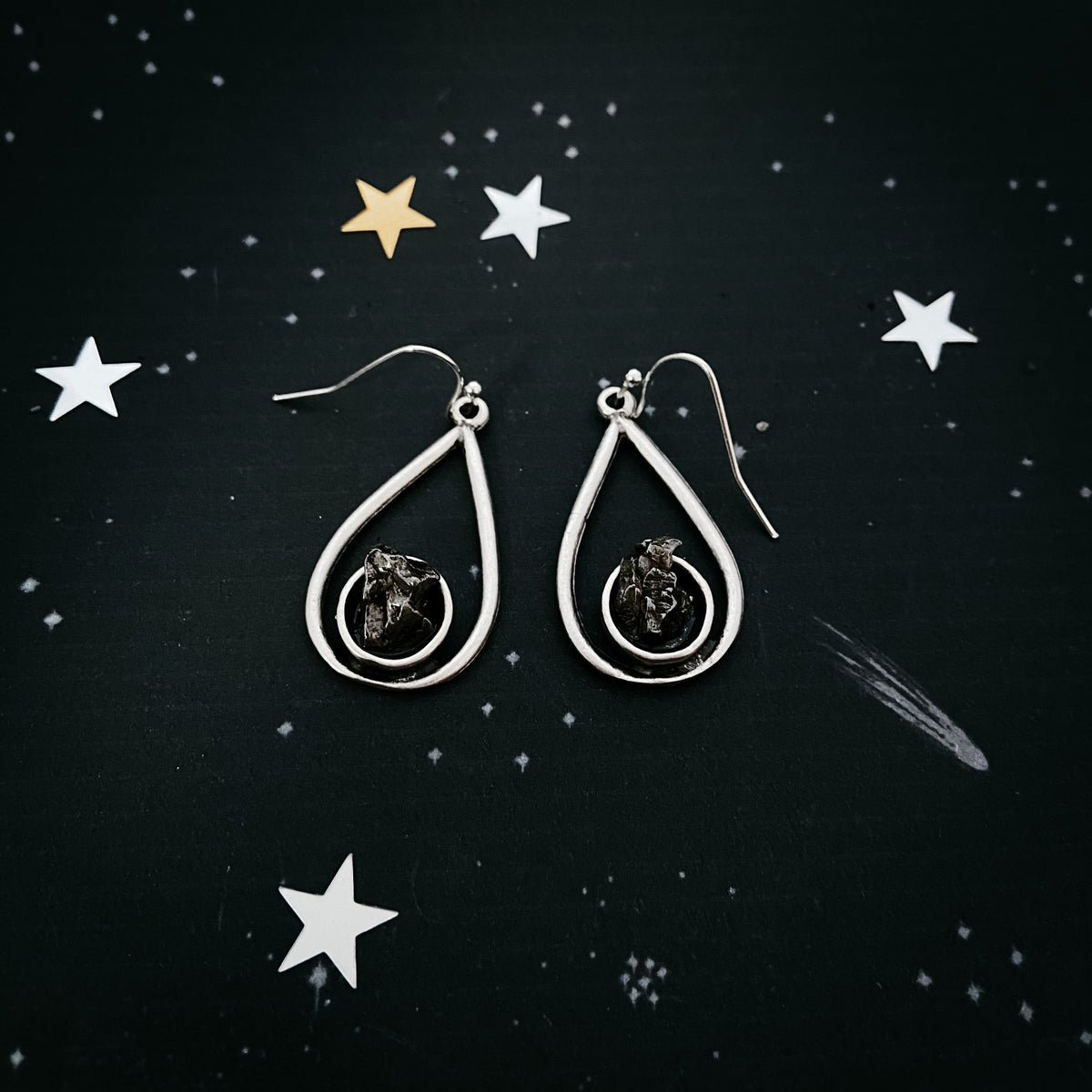 Teardrop Earrings With Raw Meteorite