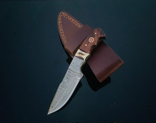 DAMASCUS STEEL FIXED BLADE KNIFE WITH WALNUT & STAG HORN HANDLE HUNTING KNIFE MINI TD-159X