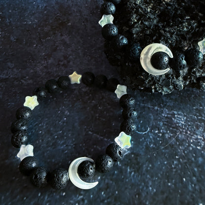 Crescent Moon Lava Bead Bracelet
