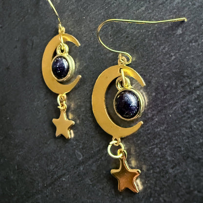 Starlit Crescent Earrings With Blue Sandstone